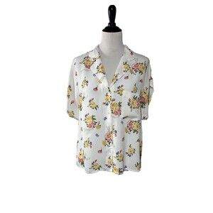 Mango MNG Button Front Blouse Size 1G (16-18) White Floral Short Sleeve Romantic